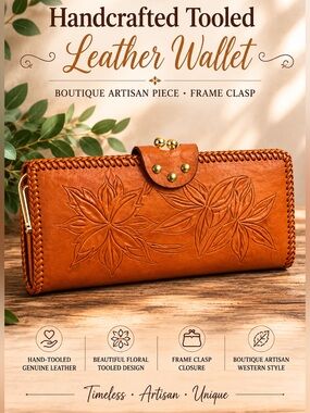 Artisan Hand Tooled Leather Wallet Floral Western Boho Clasp